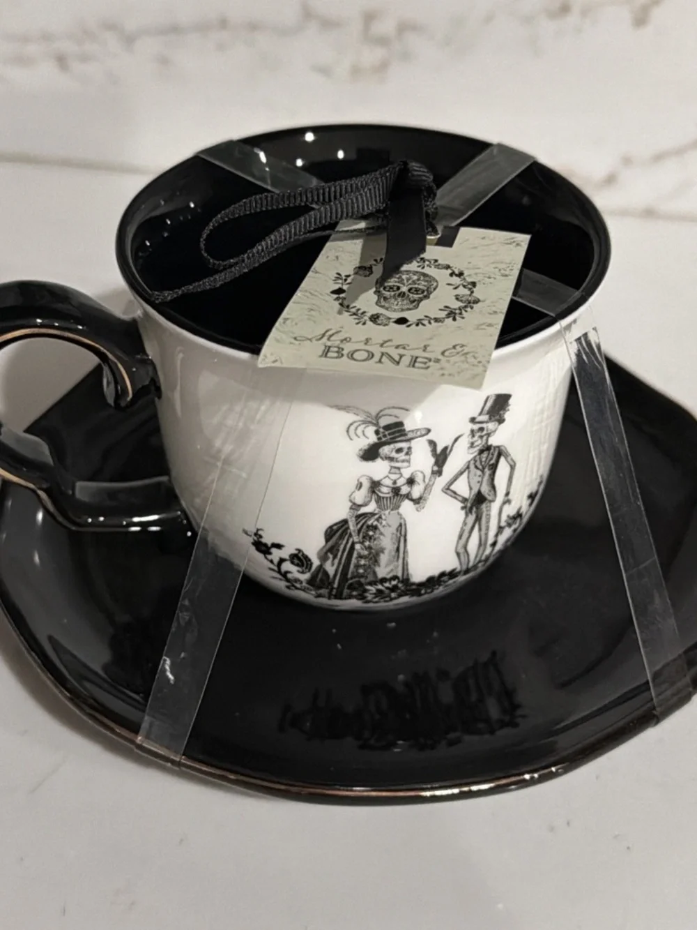 Potter's Studio Halloween Victorian Skeleton Couple Tea Cup & Saucer Set